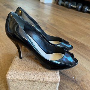 Christian Dior Black Patent Leather Peep Toe Pumps, size 8/38.5